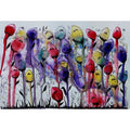 The image depicts a whimsical garden of colorful, abstract flowers with red, yellow, blue, and purple buds. Musical notes and words like "grace" and "patience" flow around the flowers, adding a playful, lyrical touch. The soft watercolor background enhances the dreamy atmosphere.

