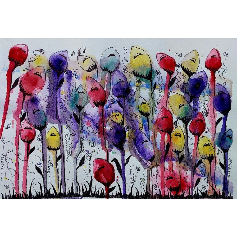 The image depicts a whimsical garden of colorful, abstract flowers with red, yellow, blue, and purple buds. Musical notes and words like "grace" and "patience" flow around the flowers, adding a playful, lyrical touch. The soft watercolor background enhances the dreamy atmosphere.

