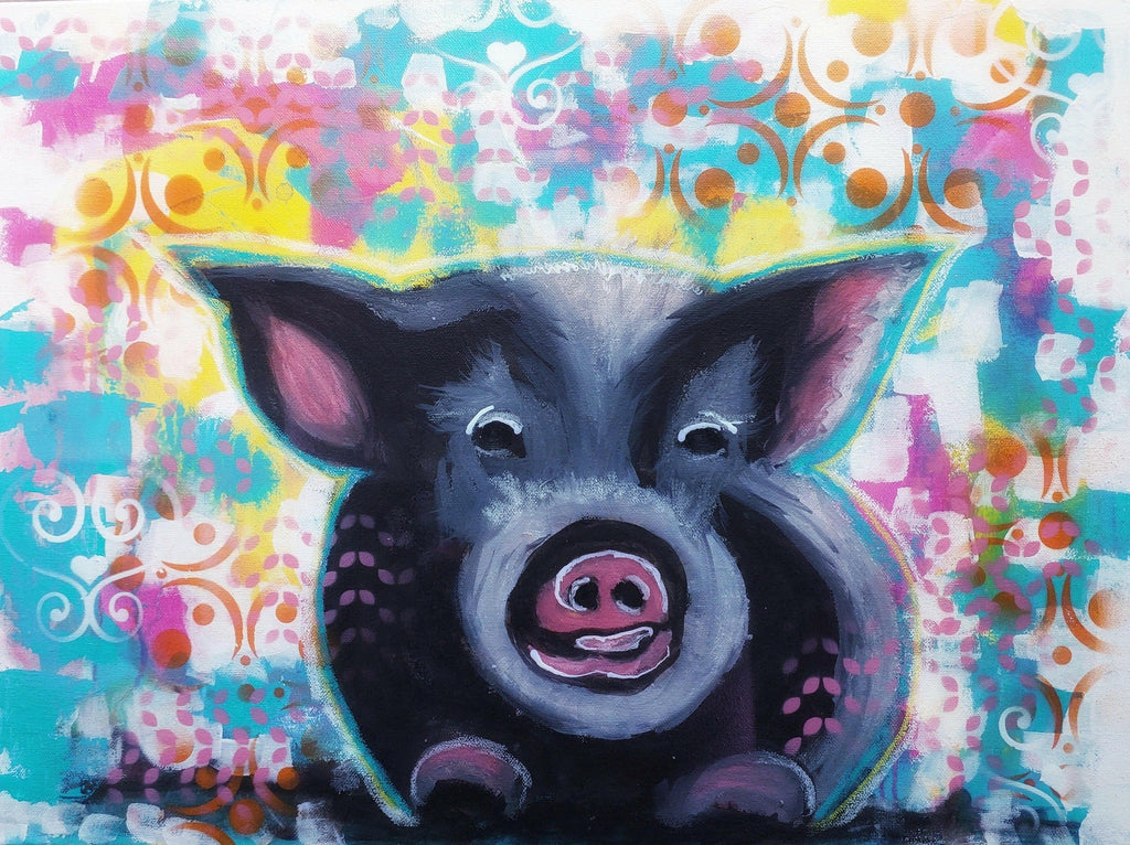 The image shows a playful painting of a pig with a happy expression, featuring black and pink tones. The background is vibrant, filled with abstract patterns in turquoise, pink, yellow, and orange, including swirls and dots. The colorful, lively background contrasts with the dark tones of the pig, giving the artwork a cheerful and whimsical feel.

