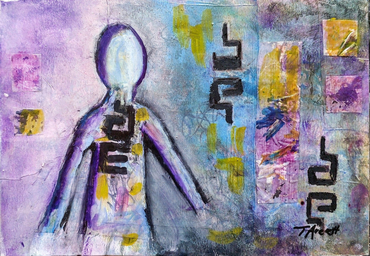 Abstract painting featuring a faceless figure outlined in purples, blues, and yellows. The figure is filled with layered, geometric shapes and bold, black symbols. The background is textured with a mix of purple, blue, and yellow hues, and scattered abstract elements and patterns. The overall composition suggests an exploration of identity and form, blending human and abstract shapes within a dynamic, dreamlike environment.

