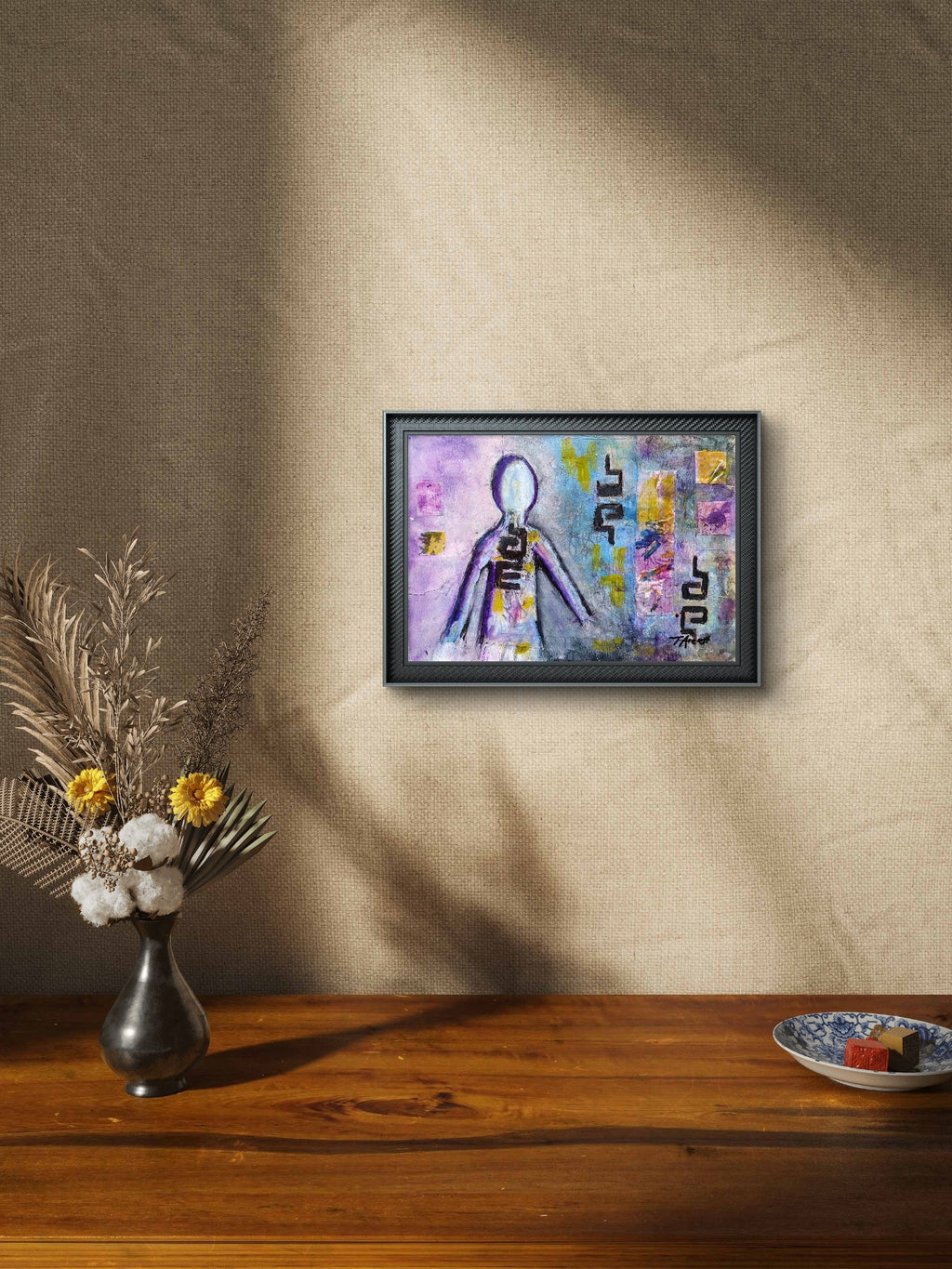 Abstract painting featuring a faceless figure outlined in purples, blues, and yellows. The figure is filled with layered, geometric shapes and bold, black symbols. The background is textured with a mix of purple, blue, and yellow hues, and scattered abstract elements and patterns. The overall composition suggests an exploration of identity and form, blending human and abstract shapes within a dynamic, dreamlike environment, framed view