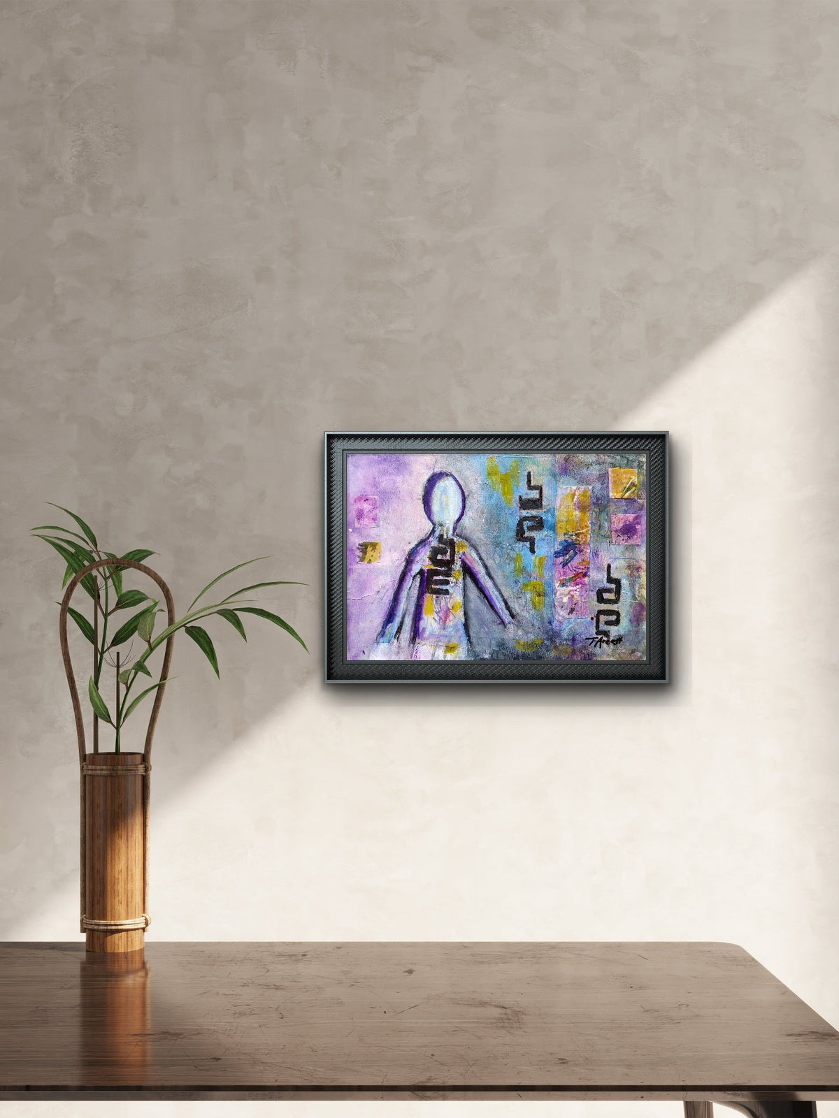 Abstract painting featuring a faceless figure outlined in purples, blues, and yellows. The figure is filled with layered, geometric shapes and bold, black symbols. The background is textured with a mix of purple, blue, and yellow hues, and scattered abstract elements and patterns. The overall composition suggests an exploration of identity and form, blending human and abstract shapes within a dynamic, dreamlike environment, framed view