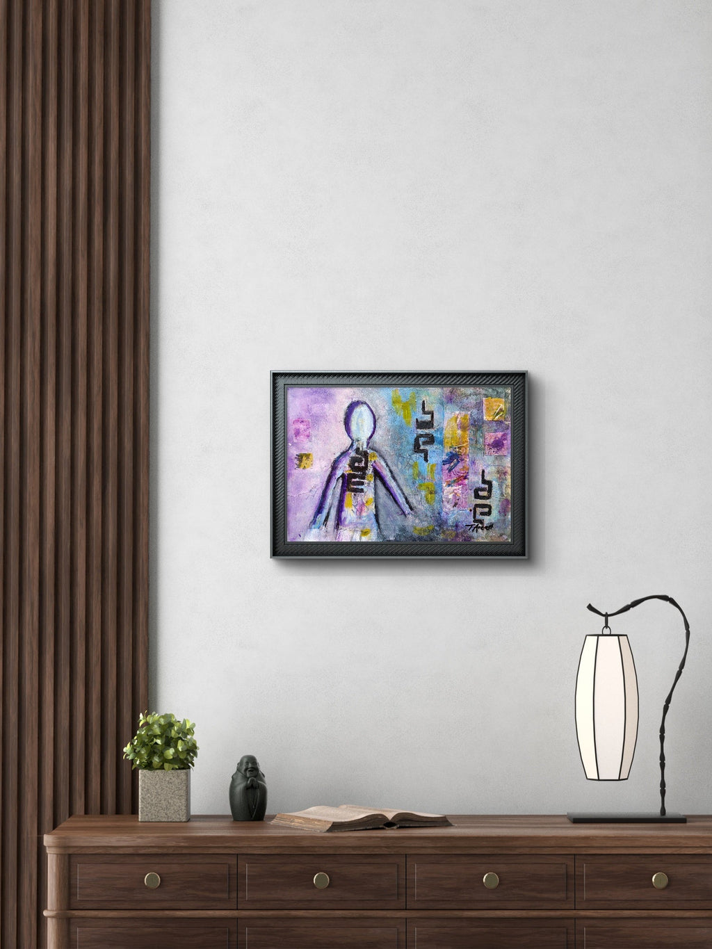 Abstract painting featuring a faceless figure outlined in purples, blues, and yellows. The figure is filled with layered, geometric shapes and bold, black symbols. The background is textured with a mix of purple, blue, and yellow hues, and scattered abstract elements and patterns. The overall composition suggests an exploration of identity and form, blending human and abstract shapes within a dynamic, dreamlike environment, framed view