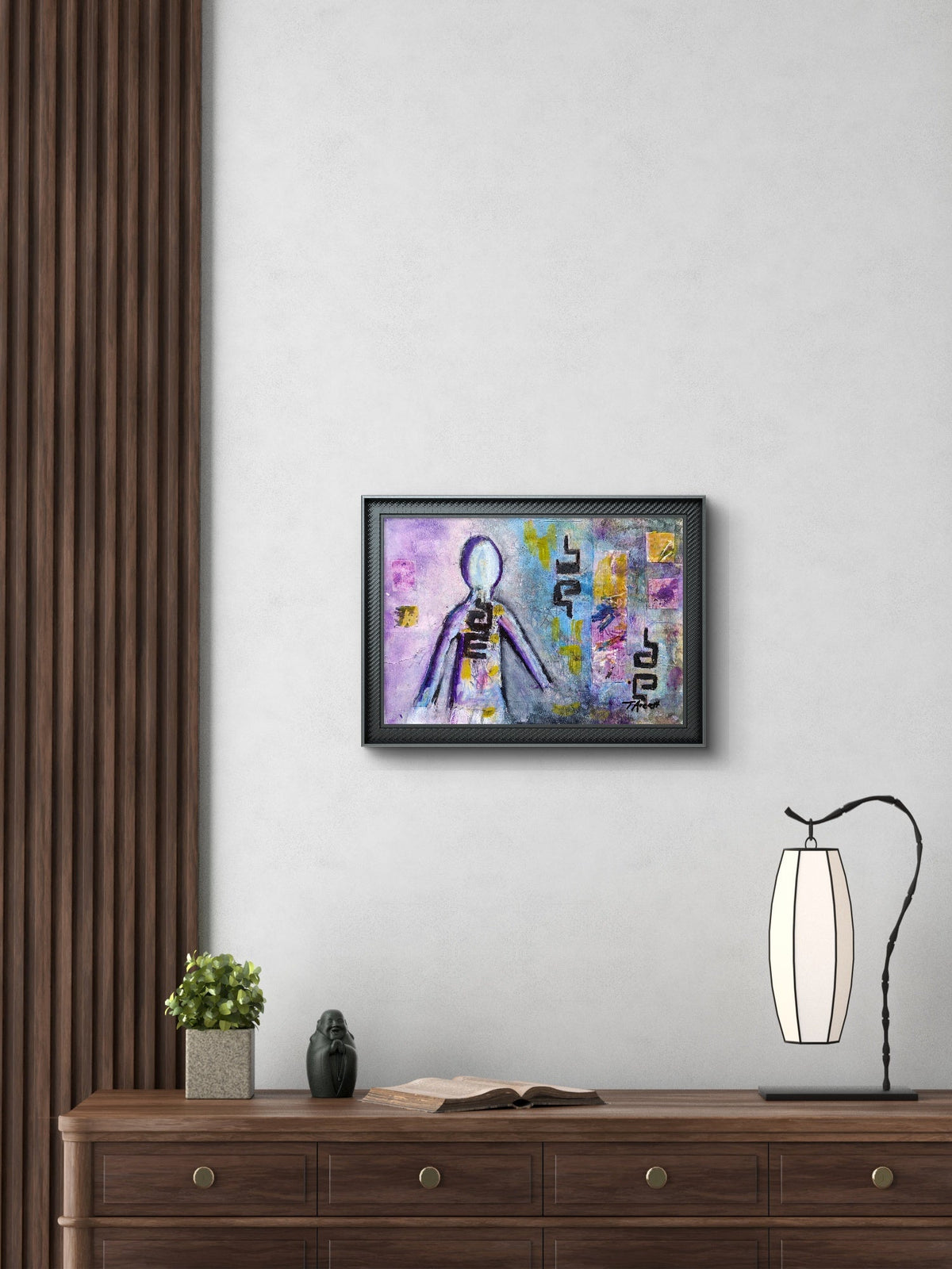 Abstract painting featuring a faceless figure outlined in purples, blues, and yellows. The figure is filled with layered, geometric shapes and bold, black symbols. The background is textured with a mix of purple, blue, and yellow hues, and scattered abstract elements and patterns. The overall composition suggests an exploration of identity and form, blending human and abstract shapes within a dynamic, dreamlike environment, framed view