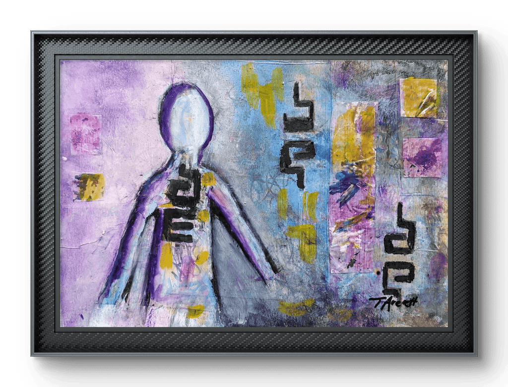 Abstract painting featuring a faceless figure outlined in purples, blues, and yellows. The figure is filled with layered, geometric shapes and bold, black symbols. The background is textured with a mix of purple, blue, and yellow hues, and scattered abstract elements and patterns. The overall composition suggests an exploration of identity and form, blending human and abstract shapes within a dynamic, dreamlike environment, framed view