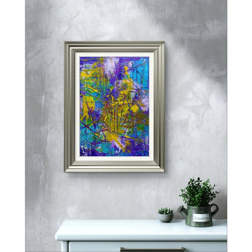 Tangled Pathways - Trudie Averett Art This abstract artwork features vibrant layers of purple, yellow, blue, and green with dynamic textures and intersecting lines, creating a sense of energy and movement.