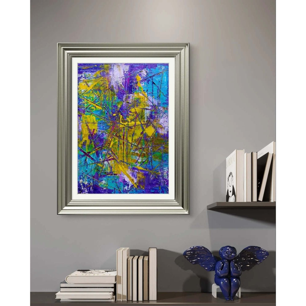 Tangled Pathways - Trudie Averett Art This abstract artwork features vibrant layers of purple, yellow, blue, and green with dynamic textures and intersecting lines, creating a sense of energy and movement.