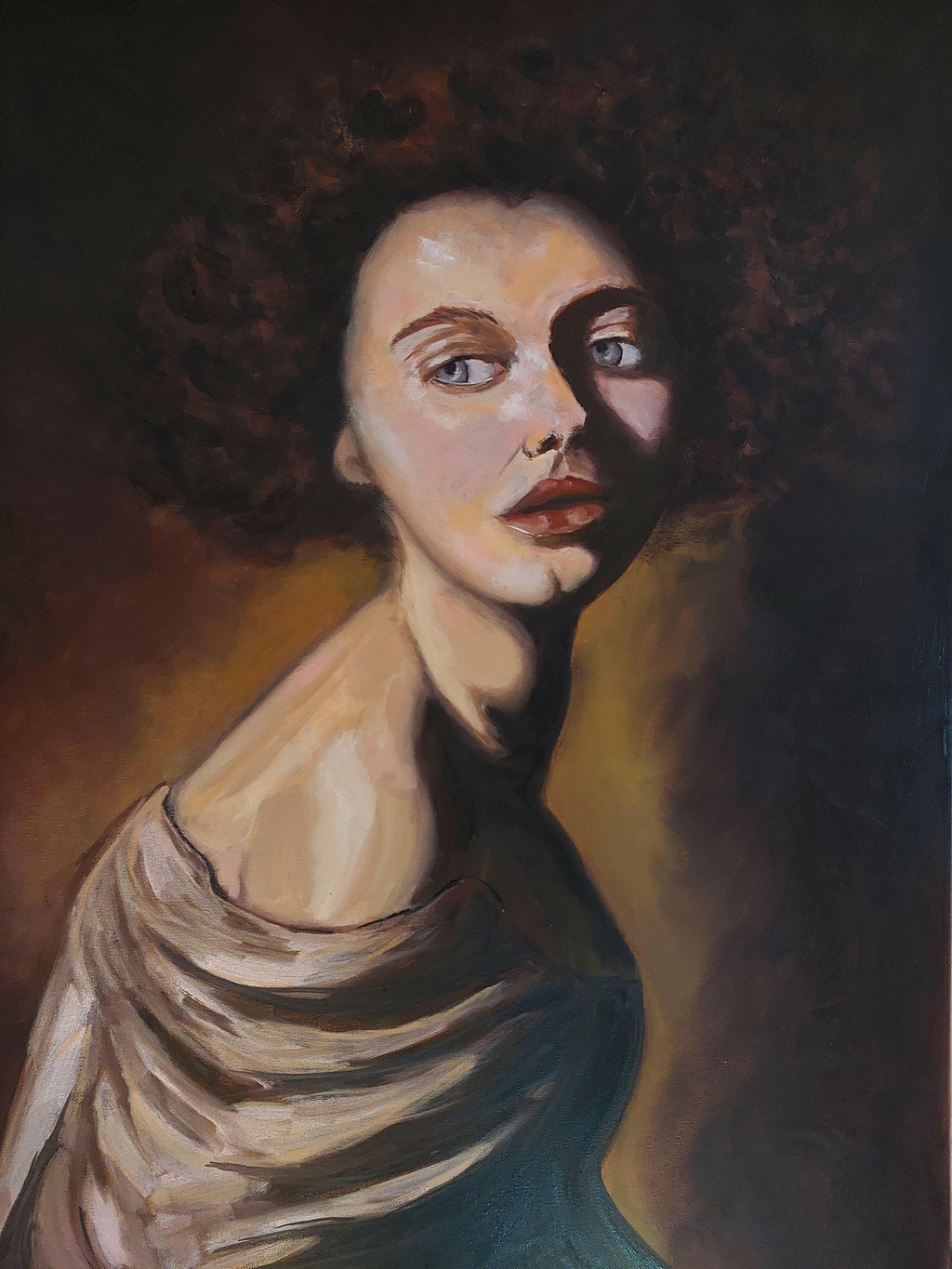 "A dramatic oil painting of a woman partially illuminated by warm light, her face turned toward the viewer with a thoughtful, intense gaze. Deep shadows frame her face and upper body, creating a strong contrast with the warm, earthy tones of the background. The figure’s curly hair is softly enveloped in darkness, while the draped fabric on her shoulder flows in soft, gentle folds. The painting evokes a sense of mystery and contemplation, blending classical techniques with a modern emotive touch."