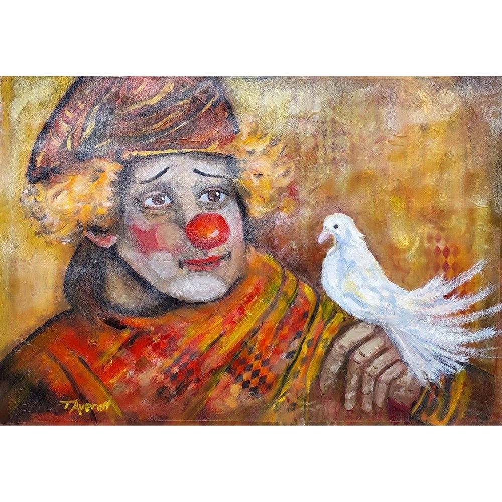 The image shows a painting of a sad clown with a red nose and expressive, downcast eyes. The clown wears a colorful, patterned outfit in warm tones of orange, yellow, and red, and a large hat with curly, blond hair peeking out. Perched on the clown's hand is a white dove, adding a delicate and peaceful contrast to the melancholic expression of the clown. The background is a mix of muted earthy colors, enhancing the emotional depth and contemplative mood of the piece.

