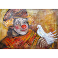 The image shows a painting of a sad clown with a red nose and expressive, downcast eyes. The clown wears a colorful, patterned outfit in warm tones of orange, yellow, and red, and a large hat with curly, blond hair peeking out. Perched on the clown's hand is a white dove, adding a delicate and peaceful contrast to the melancholic expression of the clown. The background is a mix of muted earthy colors, enhancing the emotional depth and contemplative mood of the piece.

