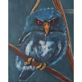 The image shows a painting of a small, intense-looking owl perched on a branch. The owl has deep blue feathers with lighter patches and piercing red eyes that stand out against the darker tones of its body. Its sharp yellow beak and talons grip the branch firmly. The background is a muted blue-green, allowing the vibrant features of the owl to take focus. The overall atmosphere of the painting is mysterious and captivating, with the owl's expression conveying a sense of alertness and intensity.

