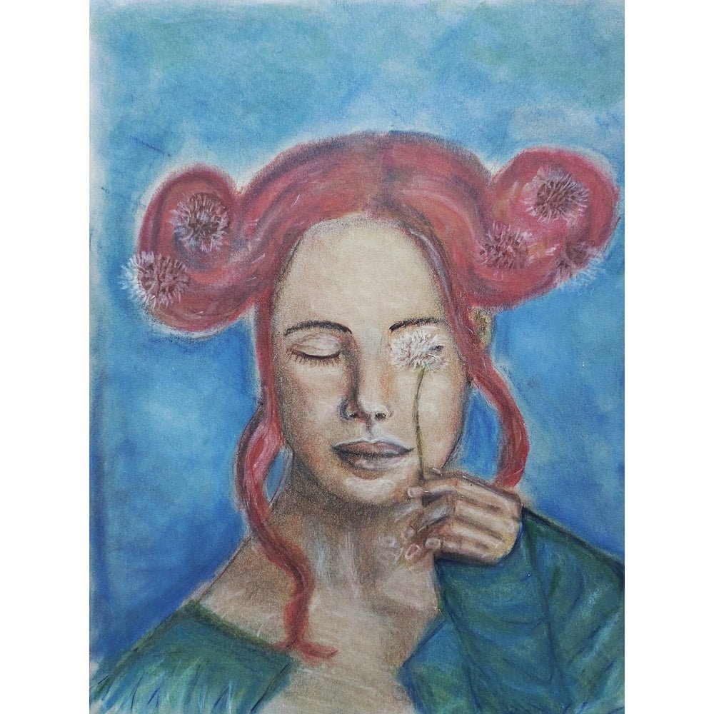 A serene portrait of a woman with closed eyes and reddish hair styled in two large, circular buns resembling dandelions. She gently holds a dandelion up to her face, with some of its seeds floating away. Her expression is calm and peaceful, and she wears a soft green garment. The background is a soft blue, enhancing the tranquil and dreamlike quality of the image. The overall mood is one of quiet contemplation and connection to nature.

