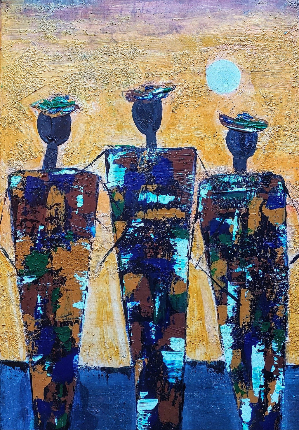 Abstract painting of three faceless figures in elongated, block-like shapes wearing hats. The figures are textured with earthy tones of brown, blue, and green, contrasted against a warm golden yellow background. A white circle, representing the sun, hovers above them, adding a sense of calm and simplicity to the scene. The composition has an impressionistic, minimalist style, emphasizing form, texture, and color rather than detail.

