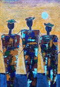 Abstract painting of three faceless figures in elongated, block-like shapes wearing hats. The figures are textured with earthy tones of brown, blue, and green, contrasted against a warm golden yellow background. A white circle, representing the sun, hovers above them, adding a sense of calm and simplicity to the scene. The composition has an impressionistic, minimalist style, emphasizing form, texture, and color rather than detail.

