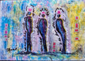 Three silhouetted figures with vibrant colors stand against a textured blue, yellow, and purple background. Handwritten text and geometric patterns enhance the expressive, abstract design.

