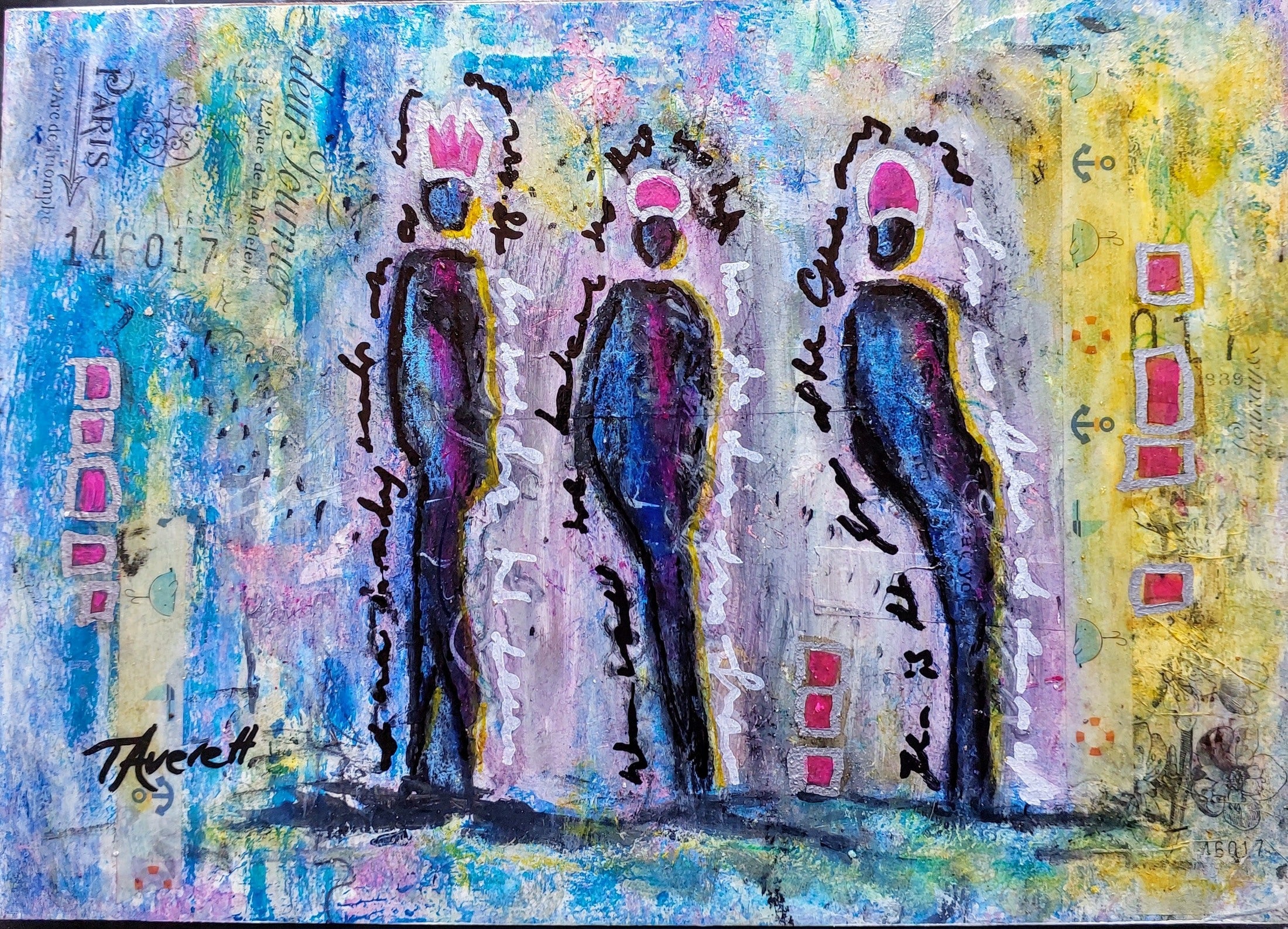 Three silhouetted figures with vibrant colors stand against a textured blue, yellow, and purple background. Handwritten text and geometric patterns enhance the expressive, abstract design.

