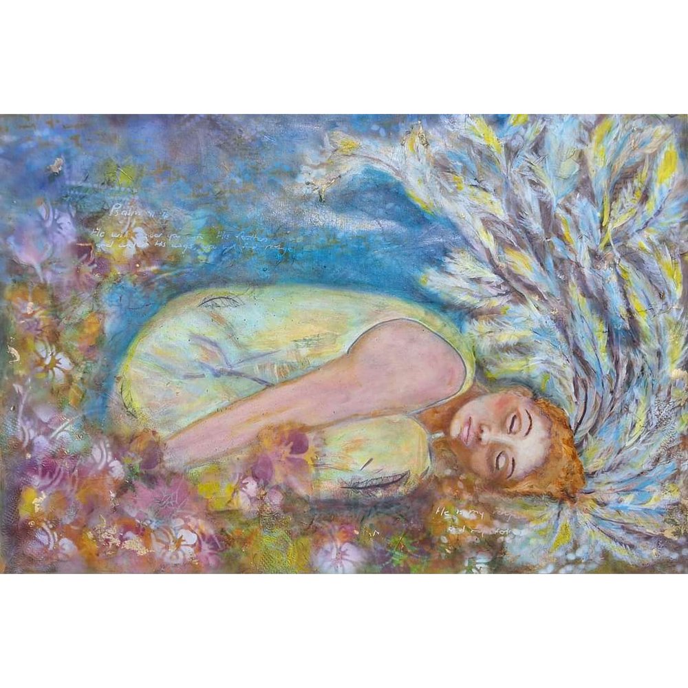 Under His Wings - Trudie Averett Art Mixed media artwork titled 'Under His Wings,' featuring a figure enveloped by ethereal wings with soft textures and golden accents, symbolizing protection and hope.