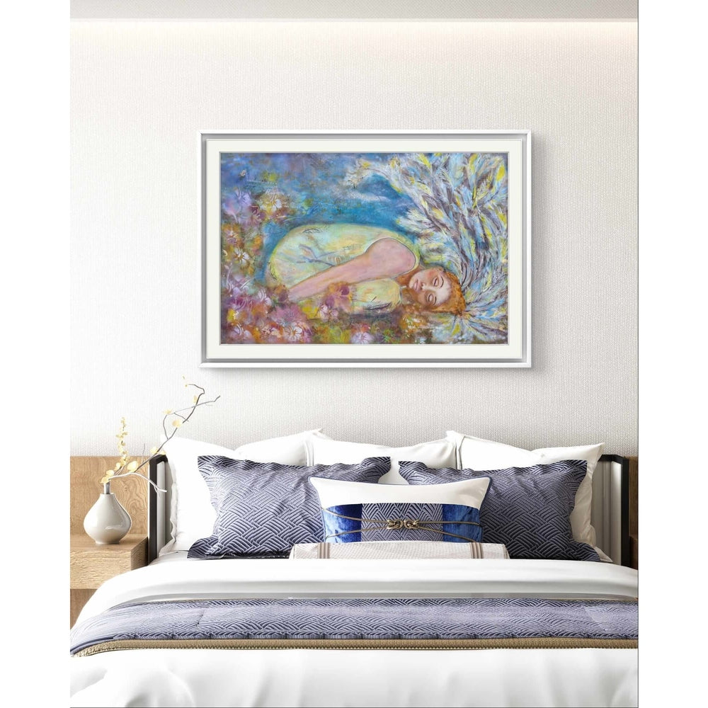 Under His Wings - Trudie Averett Art Mixed media artwork titled 'Under His Wings,' featuring a figure enveloped by ethereal wings with soft textures and golden accents, symbolizing protection and hope.