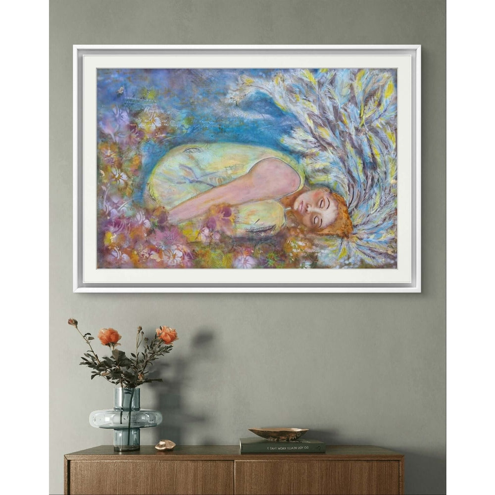 Under His Wings - Trudie Averett Art Mixed media artwork titled 'Under His Wings,' featuring a figure enveloped by ethereal wings with soft textures and golden accents, symbolizing protection and hope.