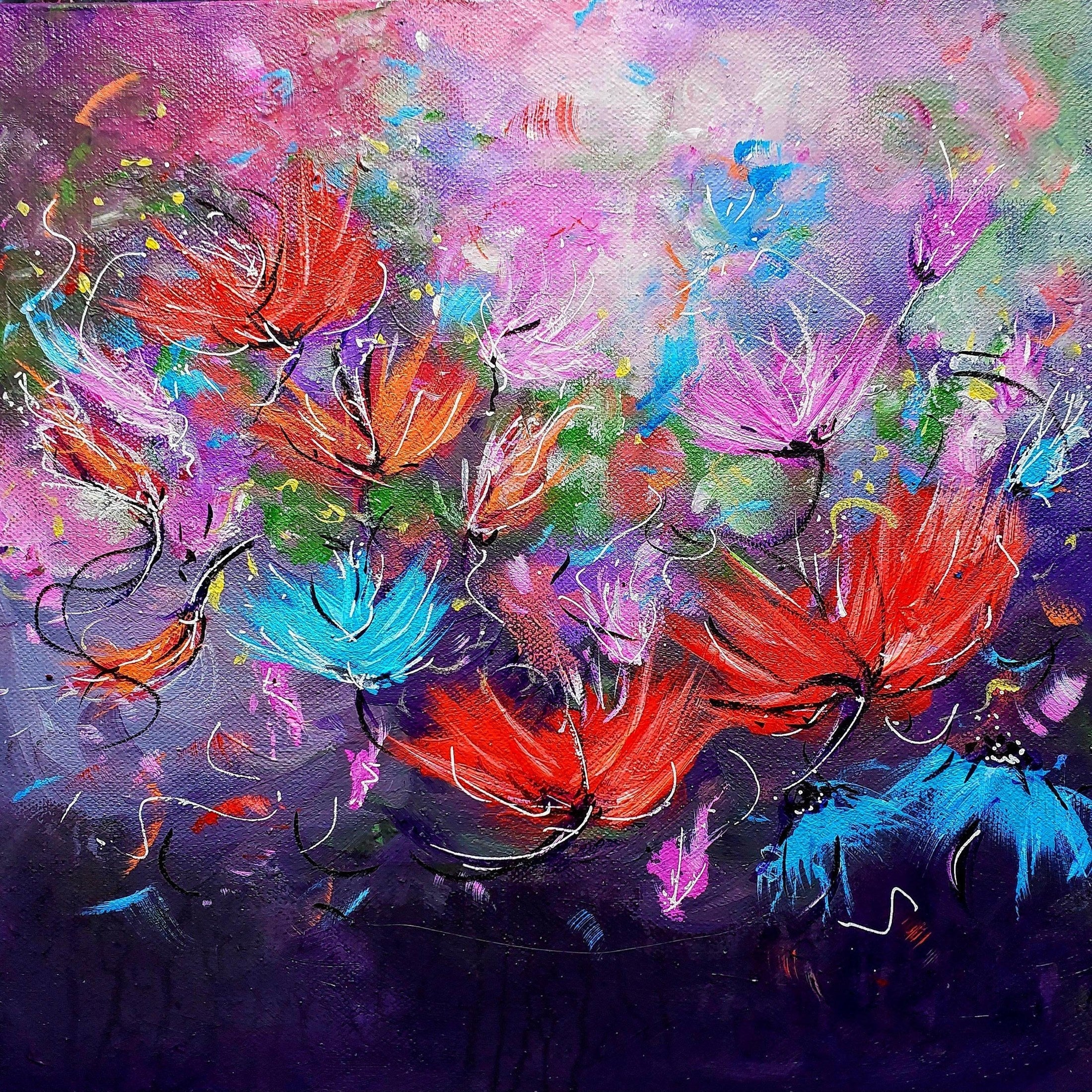 The image shows an abstract painting featuring vibrant floral shapes set against a dynamic background of purples, pinks, and blues. Bright red, orange, turquoise, and magenta flowers appear to float and sway, their petals rendered with loose, expressive brushstrokes. Thin, curving black and white lines add a sense of movement, as if the flowers are caught in a gentle breeze. The lower portion of the painting is darker, with deep purples and blues, providing a rich contrast to the bright, energetic colors ab