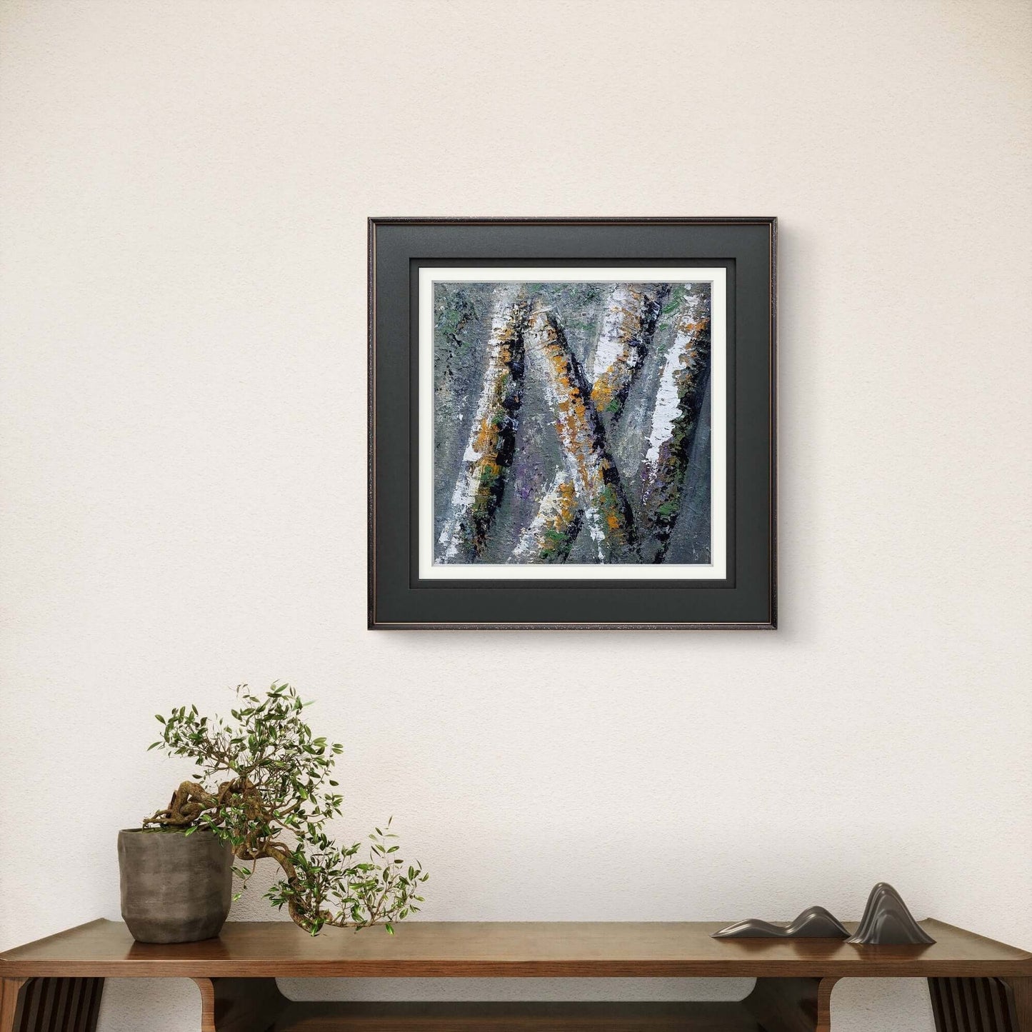 Whispers of the Forest - Trudie Averett Art Enigmatic artwork titled 'Whispers in the Forest,' featuring soft, layered greens and earthy tones with abstract tree-like forms, evoking the quiet mystery of a forest