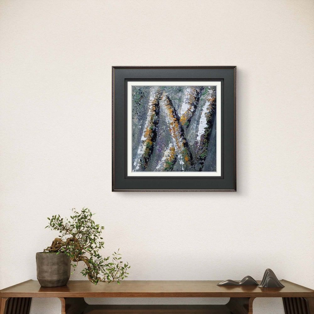 Soft, layered greens and earthy tones with abstract tree-like forms, evoking the quiet mystery of a forest