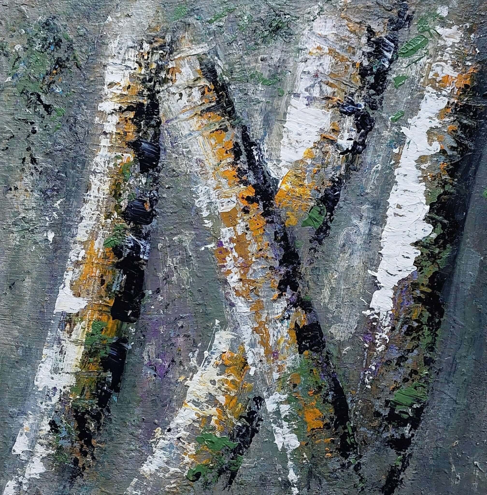 Soft, layered greens and earthy tones with abstract tree-like forms, evoking the quiet mystery of a forest