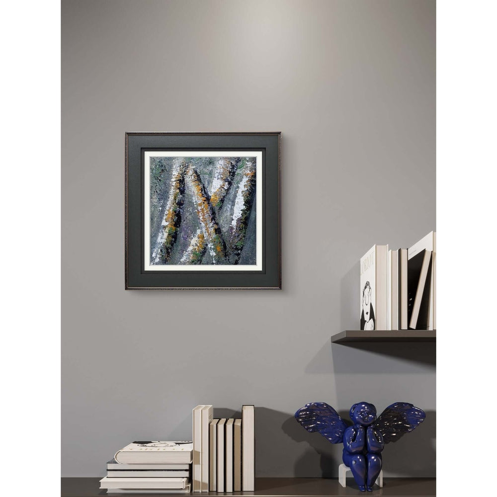 Soft, layered greens and earthy tones with abstract tree-like forms, evoking the quiet mystery of a forest
