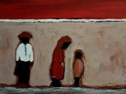 A minimalist painting featuring three figures in shadowy, abstract forms against a muted background, evoking a sense of quiet contemplation. Trudie Averett Art - Potchefstroom.

