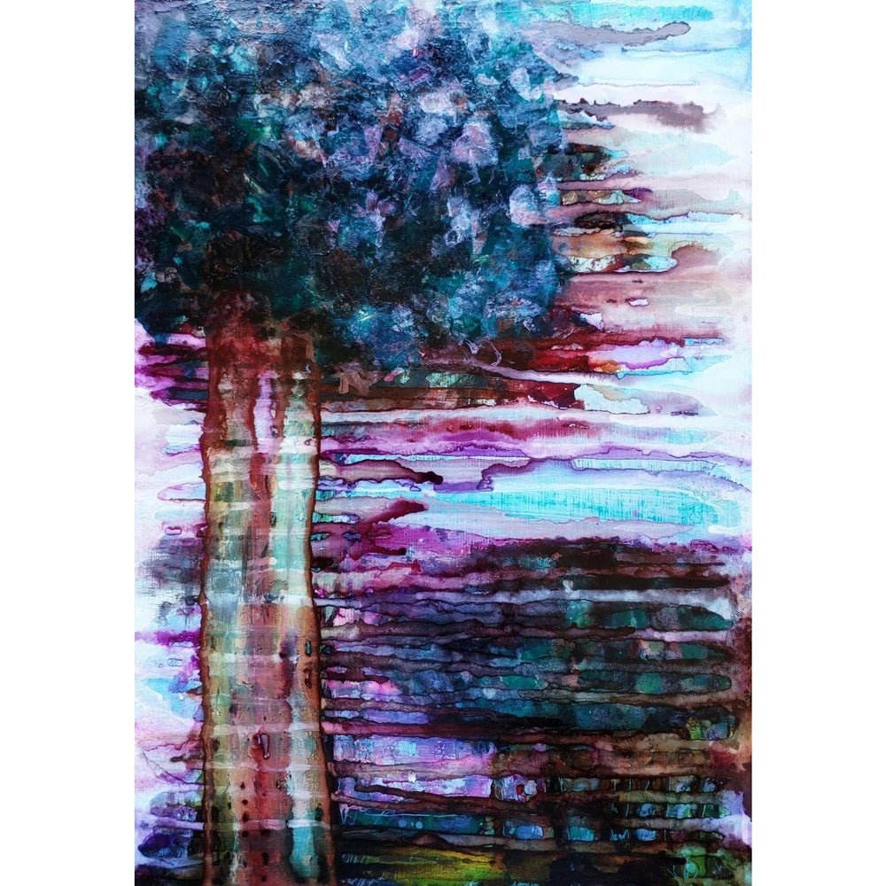 "Abstract alcohol ink and resin painting of a tree with deep blue, purple, and red tones, blending into a fluid, flowing background." Trudie Averett Art